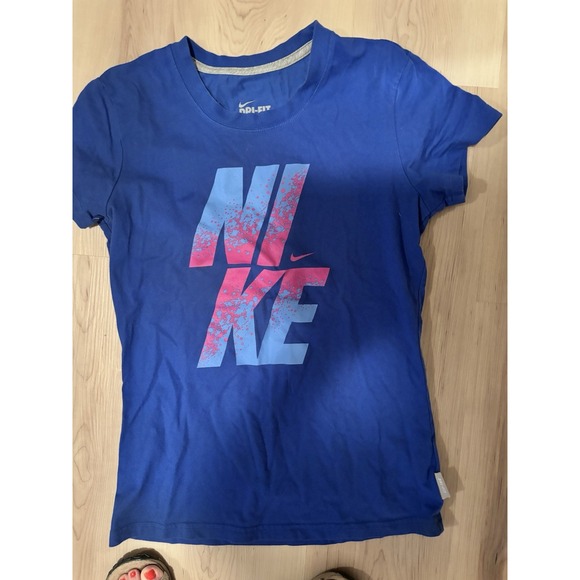 NIKE Women's (Size Med) Blue Short Sleeve Dri-Fit Graphic T-Shirt Cotton Top - Picture 1 of 1